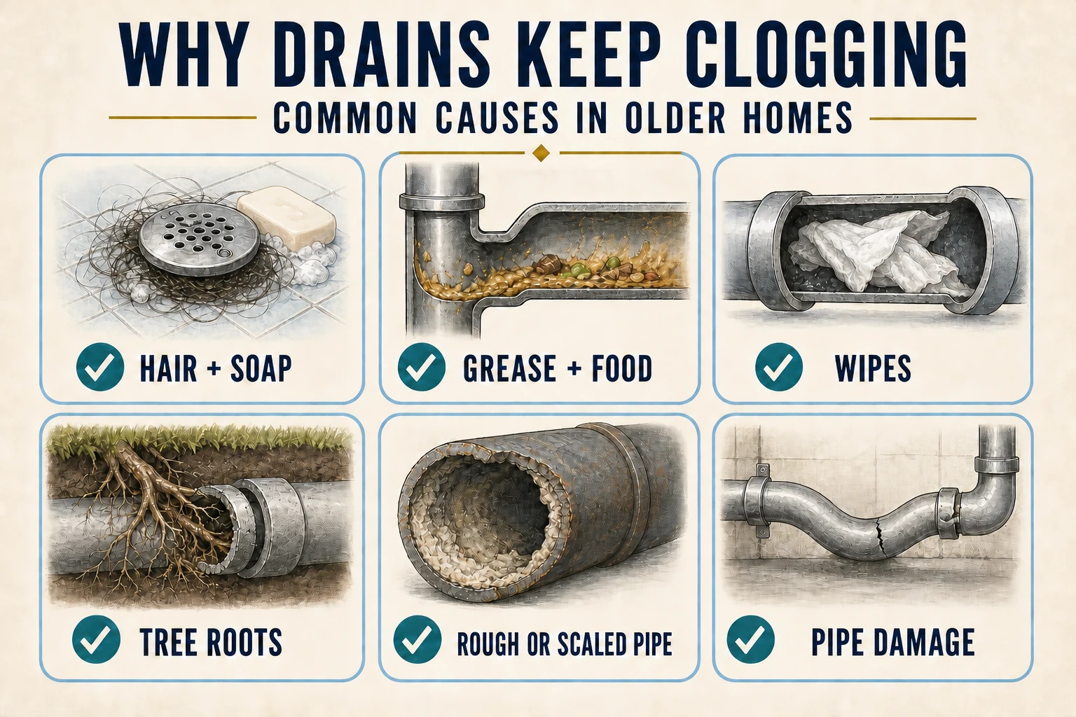 Infographic showing six reasons drains keep clogging: hair and soap, grease and food, wipes, tree roots, scaled pipe, and pipe damage.