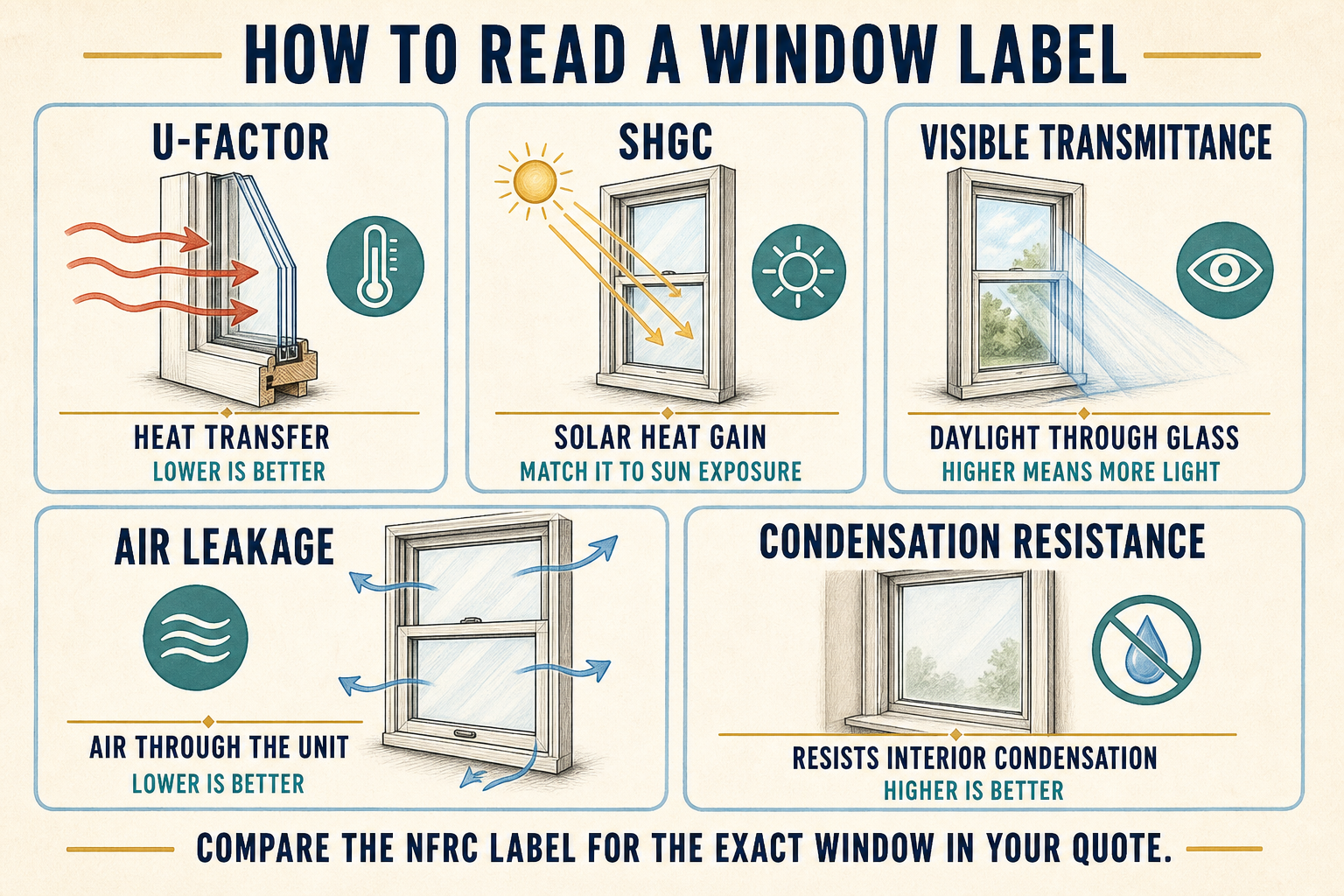 Infographic explaining U-factor, solar heat gain, visible transmittance, air leakage, and condensation resistance window ratings.